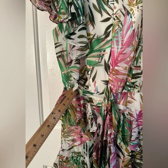 BADGLEY MISHKA 8 EASTER Resort Wedding Coastal Palm Ruffle Pink Green Maxi Dress - Picture 14 of 16